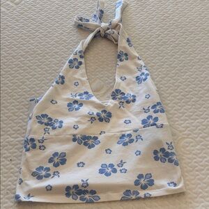Hollister White Halter Top with Blue Floral Pattern